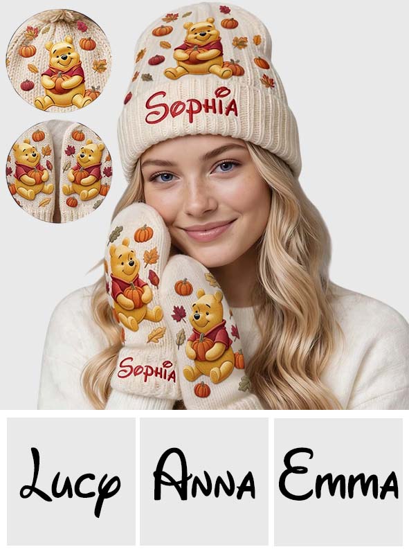 Happy Autumn - Personalized Yellow Bear Beanie Hat & Knitted Mittens