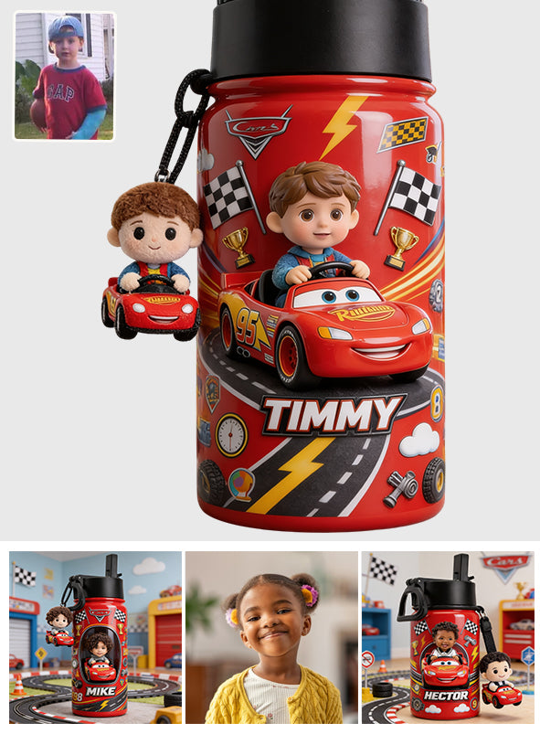 Kid On Wheel - Personalized Racing Lover Kid Bottle With Plush Charm