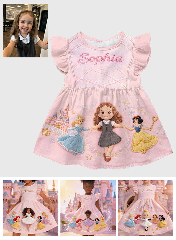 Magical Princess Friends - Personalized Beautiful Princess Kid Ruffle Sleeve Dress