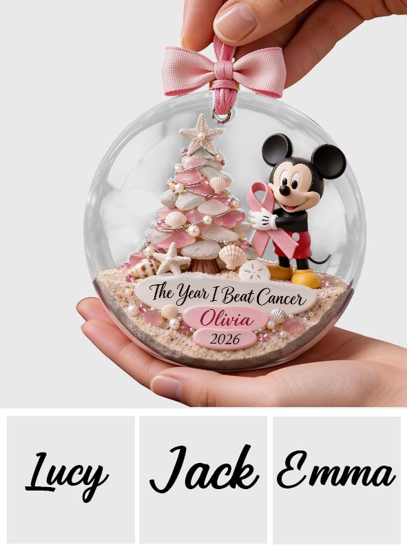 The Year I Beat Cancer - Personalized Breast Cancer Awareness Snow Globe Ornament With Bow