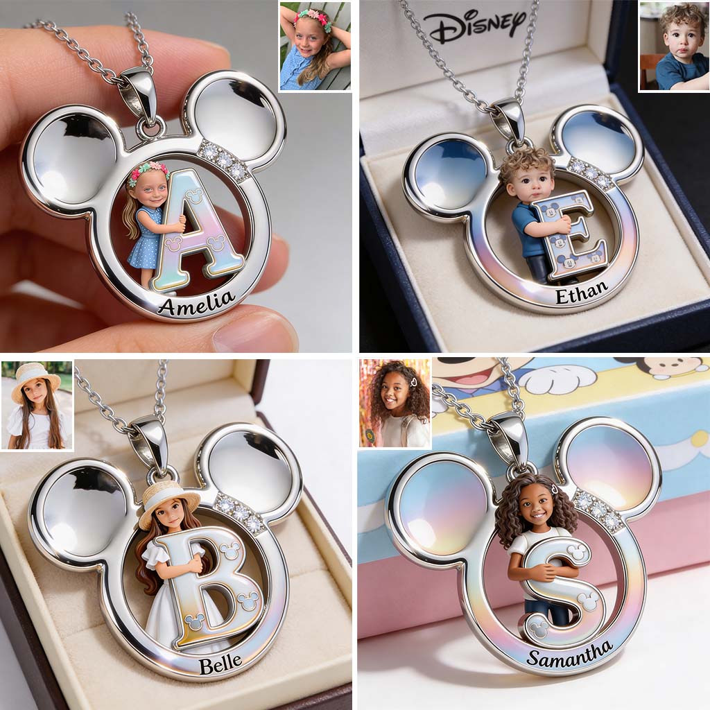 Big Ears Mouse Shape - Custom From Photo & Alphabet - Personalized Mouse Shaped Metal Pendant Necklace