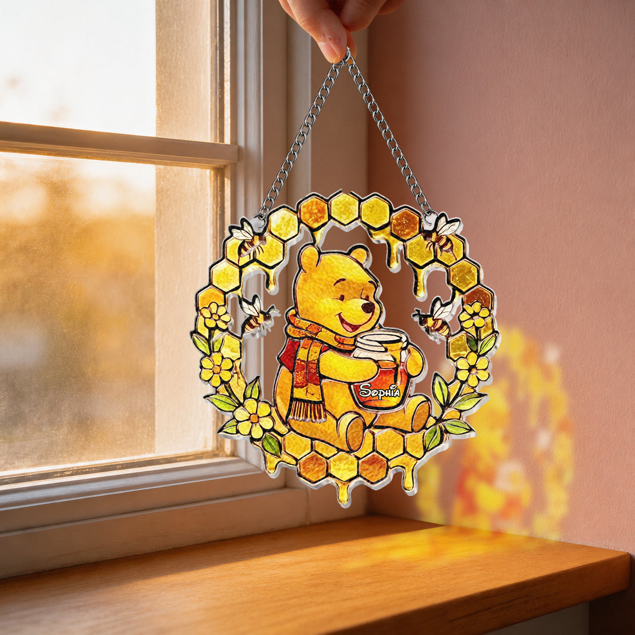 Fall Vibes - Personalized Yellow Bear 3D Printed Glass Suncatcher