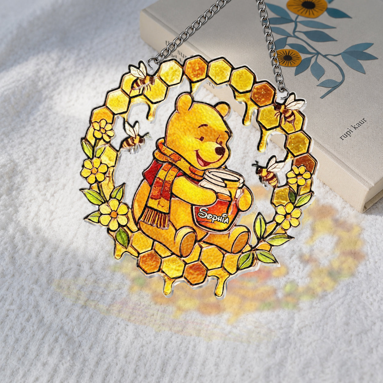 Fall Vibes - Personalized Yellow Bear 3D Printed Glass Suncatcher