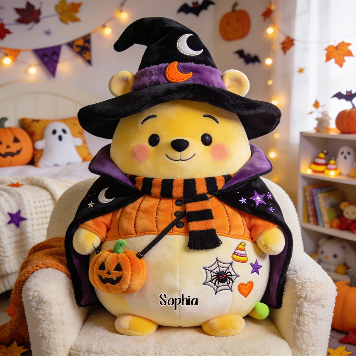 Too Cute To Spook - Personalized Yellow Bear Premium Faux Fur Pillow