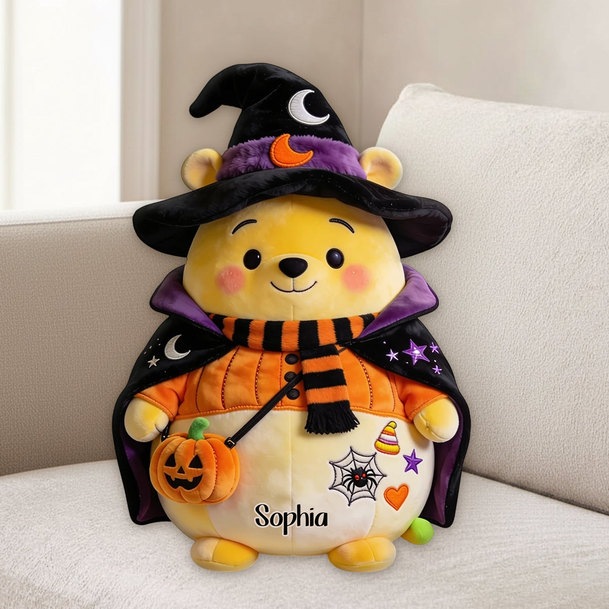 Too Cute To Spook - Personalized Yellow Bear Premium Faux Fur Pillow