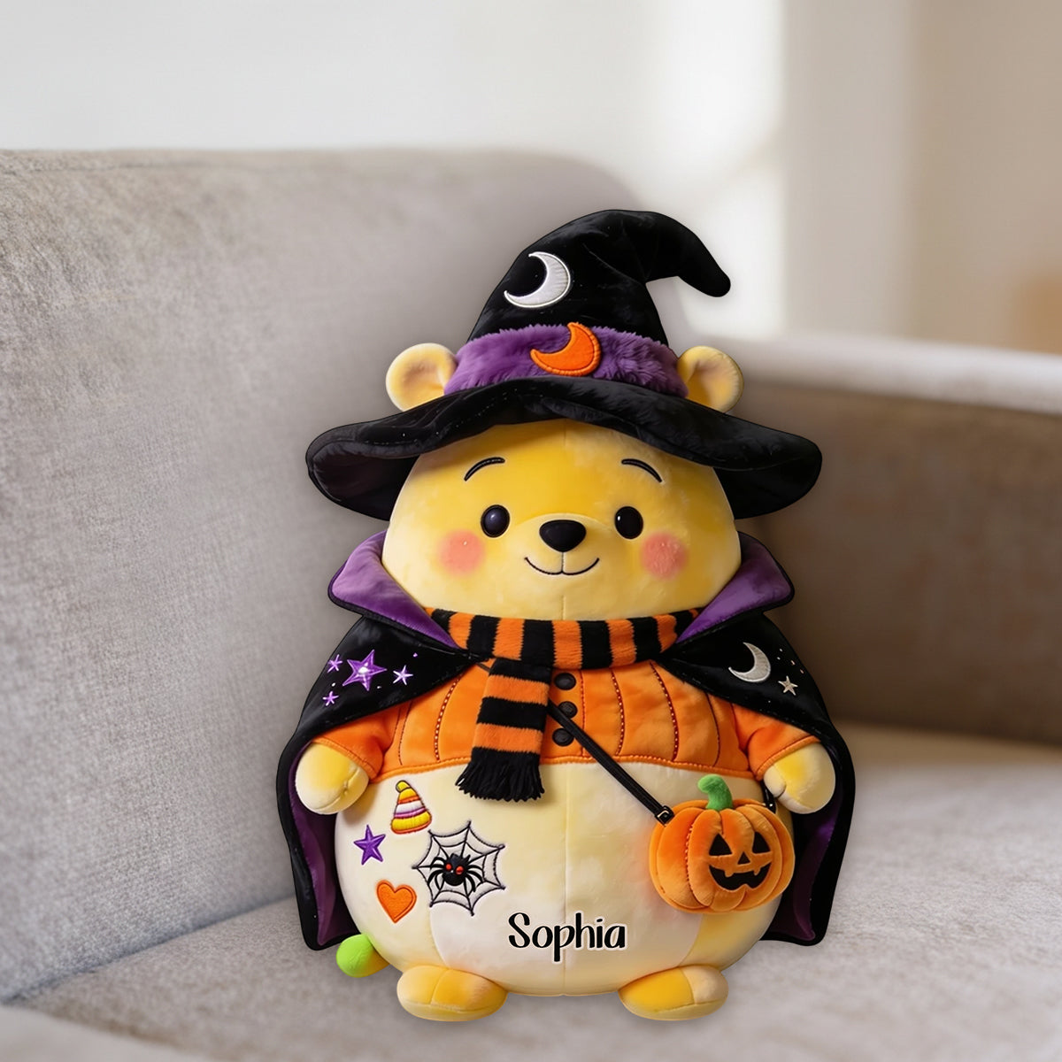 Too Cute To Spook - Personalized Yellow Bear Premium Faux Fur Pillow