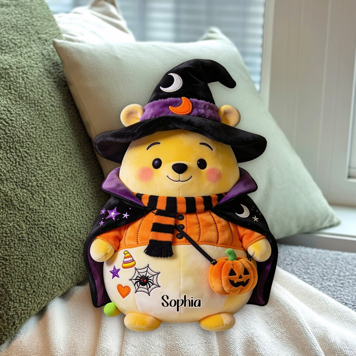 Too Cute To Spook - Personalized Yellow Bear Premium Faux Fur Pillow