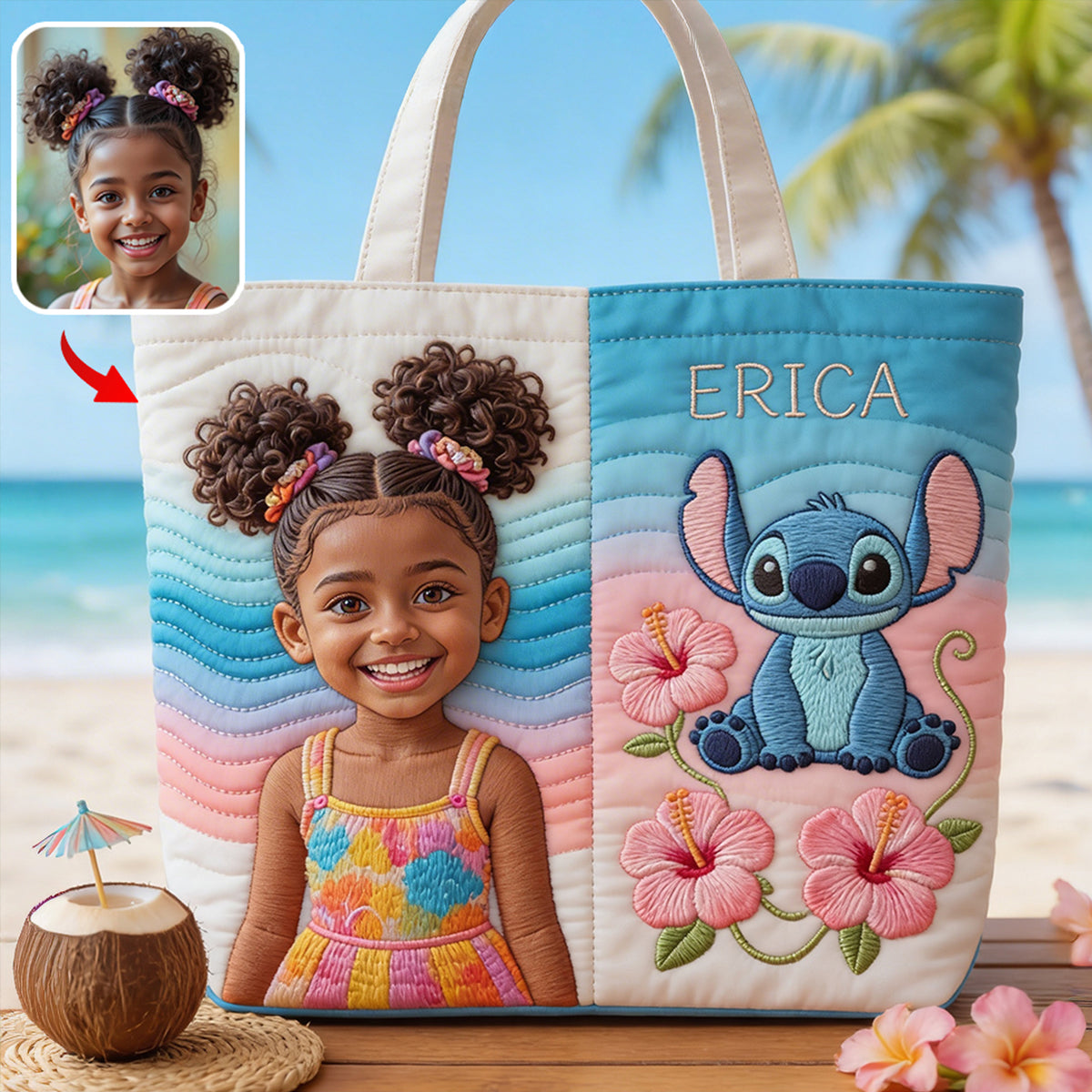 Custom Any Photo Blue Ohana - Personalized Ohana Quilted Tote Bag