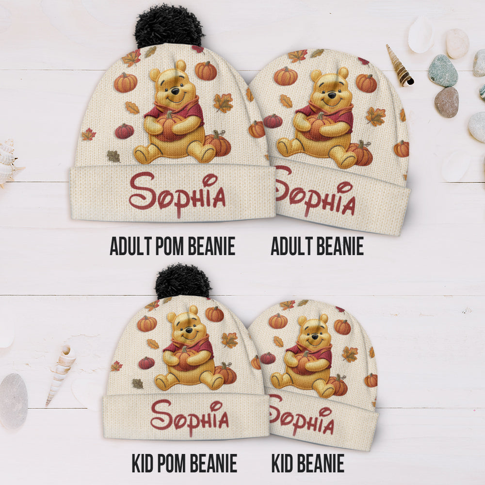 Happy Autumn - Personalized Yellow Bear Beanie Hat & Knitted Mittens