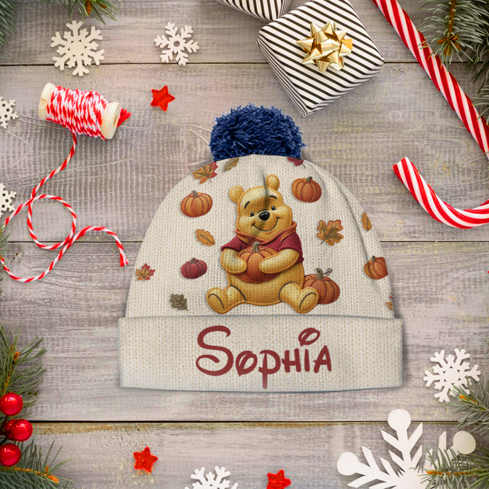 Happy Autumn - Personalized Yellow Bear Beanie Hat & Knitted Mittens
