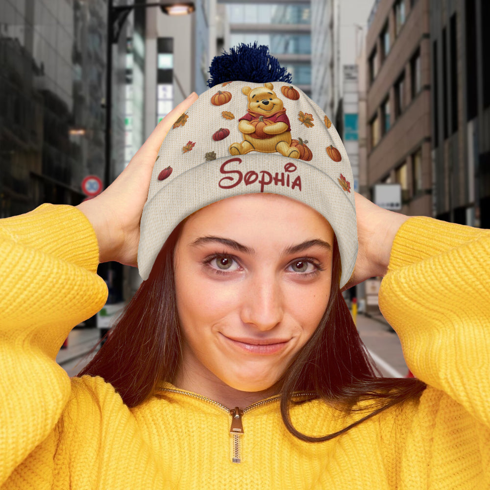 Happy Autumn - Personalized Yellow Bear Beanie Hat & Knitted Mittens