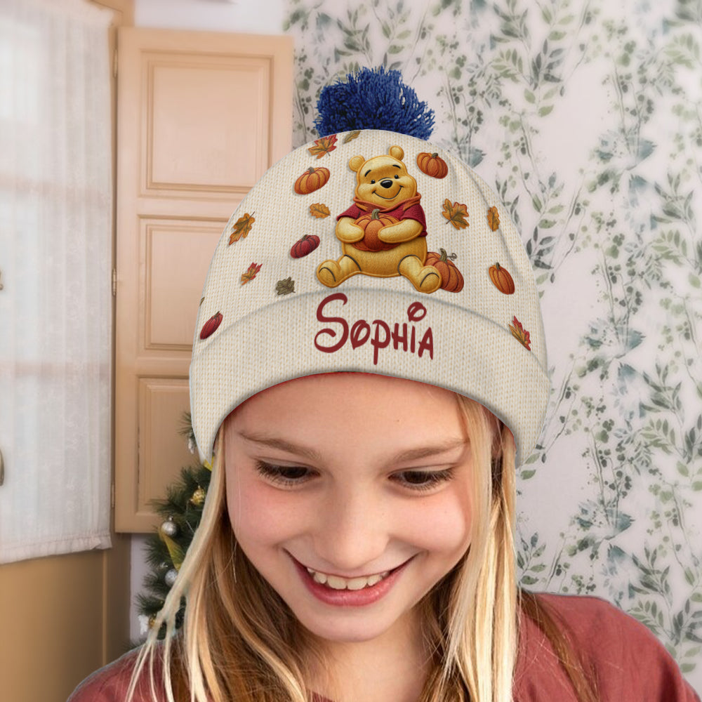 Happy Autumn - Personalized Yellow Bear Beanie Hat & Knitted Mittens