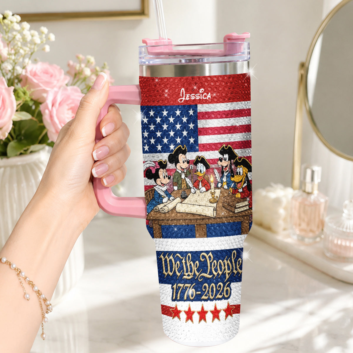 We The People - Personalized Mouse Rhinestone Tumbler With Handle