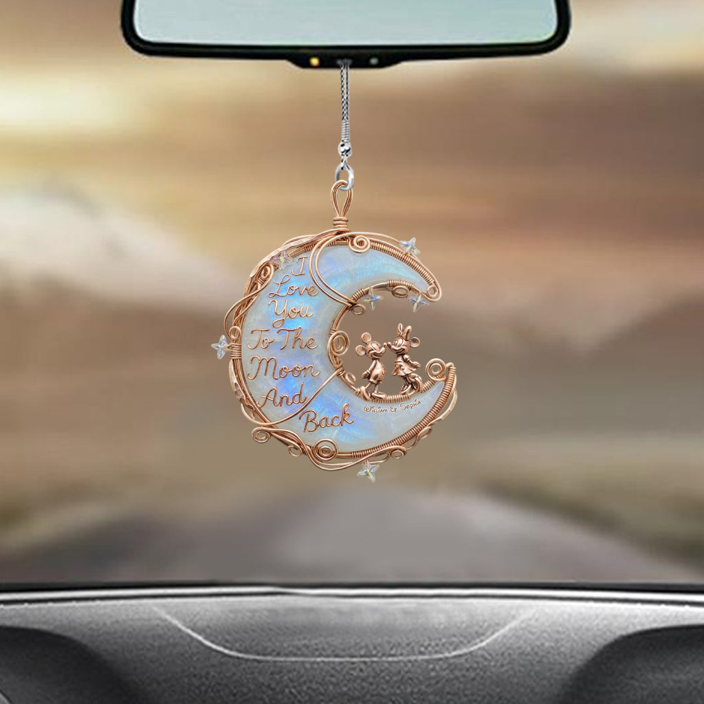 I Love You To The Moon And Back, Moonstone Styled Mouse Couple - Personalized Mouse Car Ornament