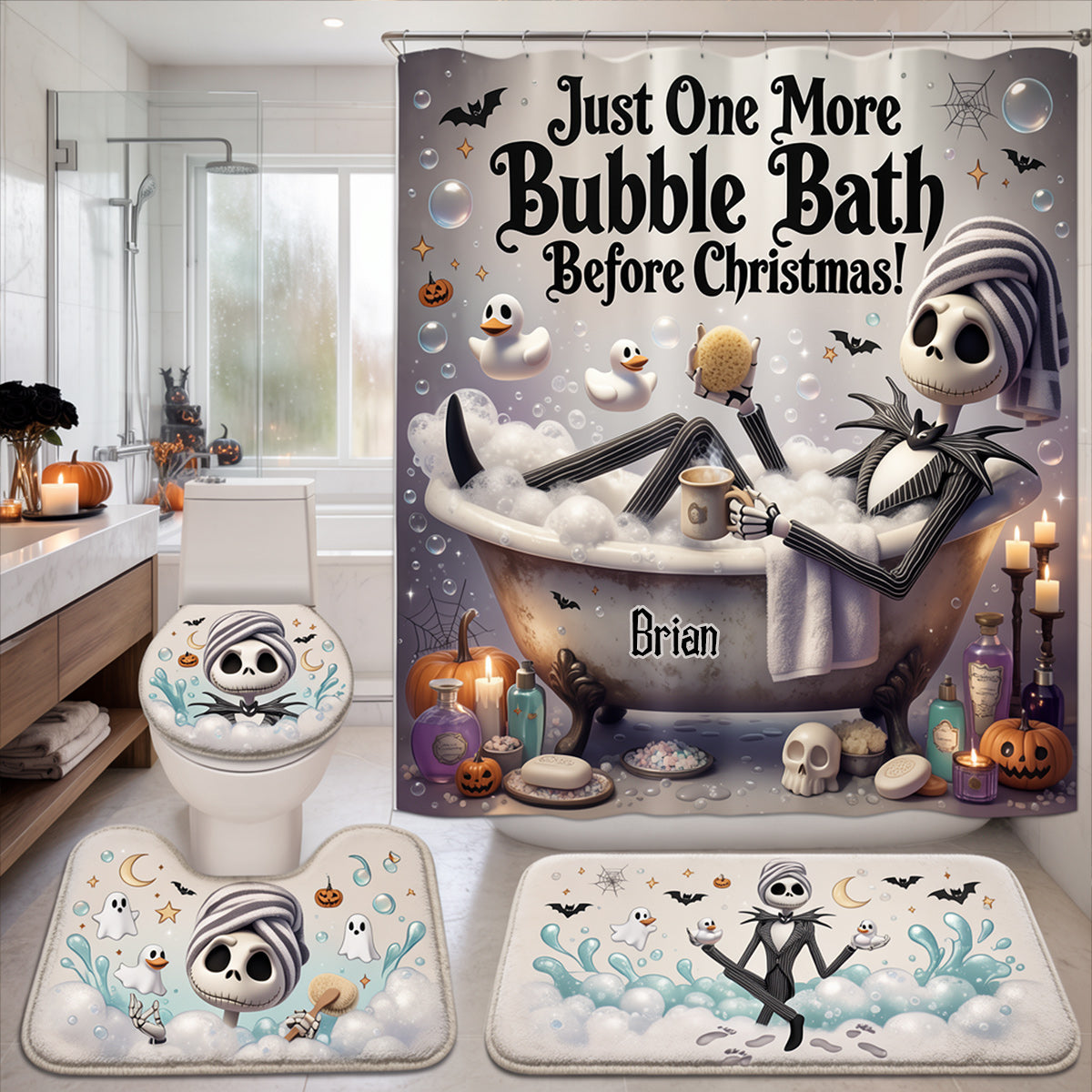 Just One More Bubble Bath Before Christmas! - Personalized Nightmare Bathroom Curtain & Mats Set
