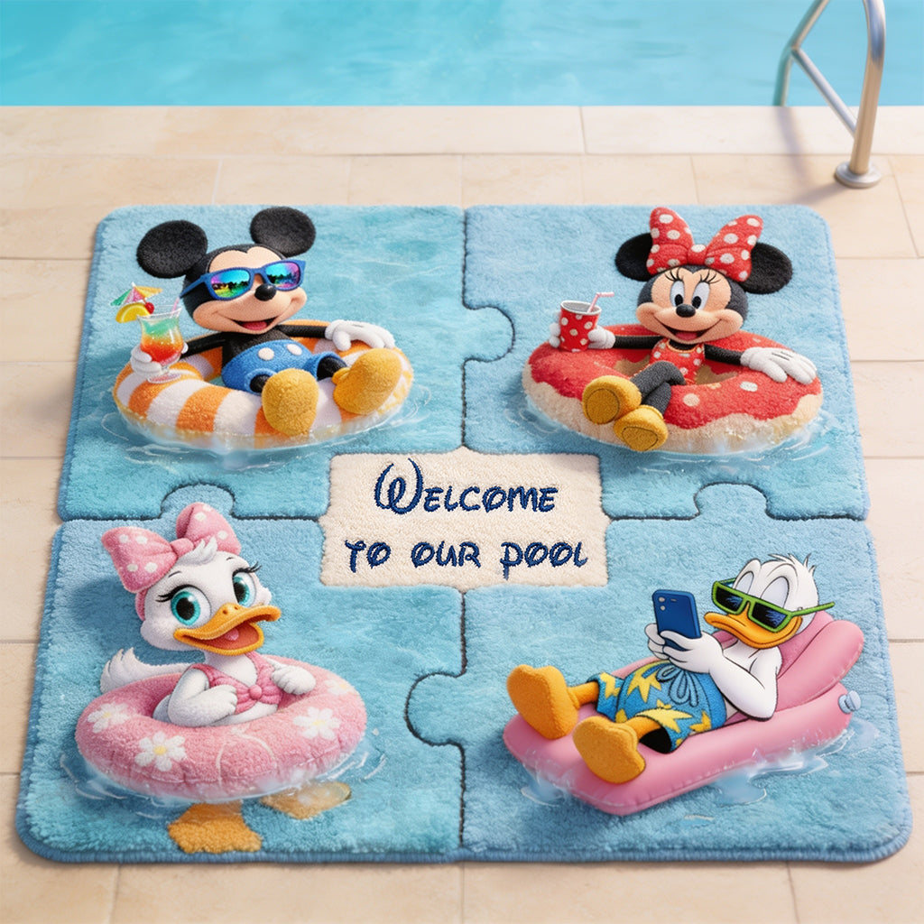 Cartoon Mouse Characters, Welcome To Our Pool - Mouse Non-Slip Tufted Rug