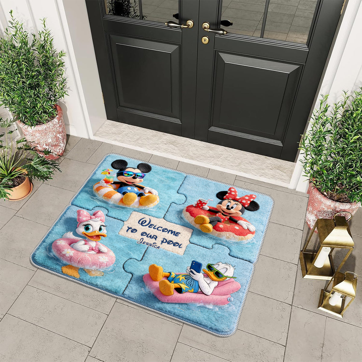 Cartoon Mouse Characters, Welcome To Our Pool - Mouse Non-Slip Tufted Rug