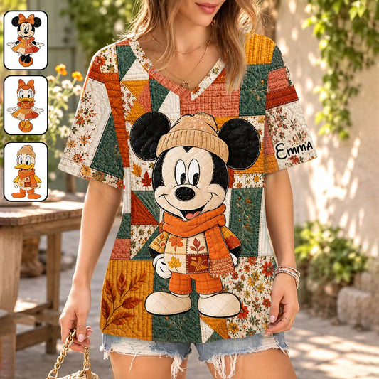 Autumn Vibes, Cartoon Magical Mouse - Personalized Mouse Fully Printed V-Neck T-Shirt