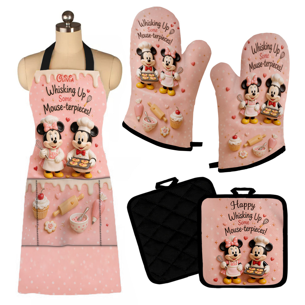 Cartoon Mouse, Baking Theme - Personalized Baking Apron, Oven Mitts & Pot Holder