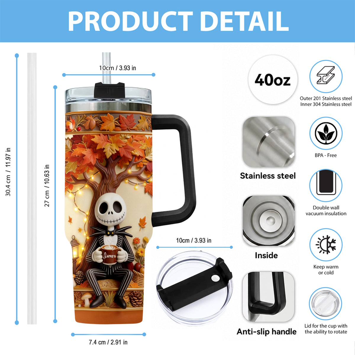 Fall Vibes - Personalized Nightmare Tumbler With Plush Charm