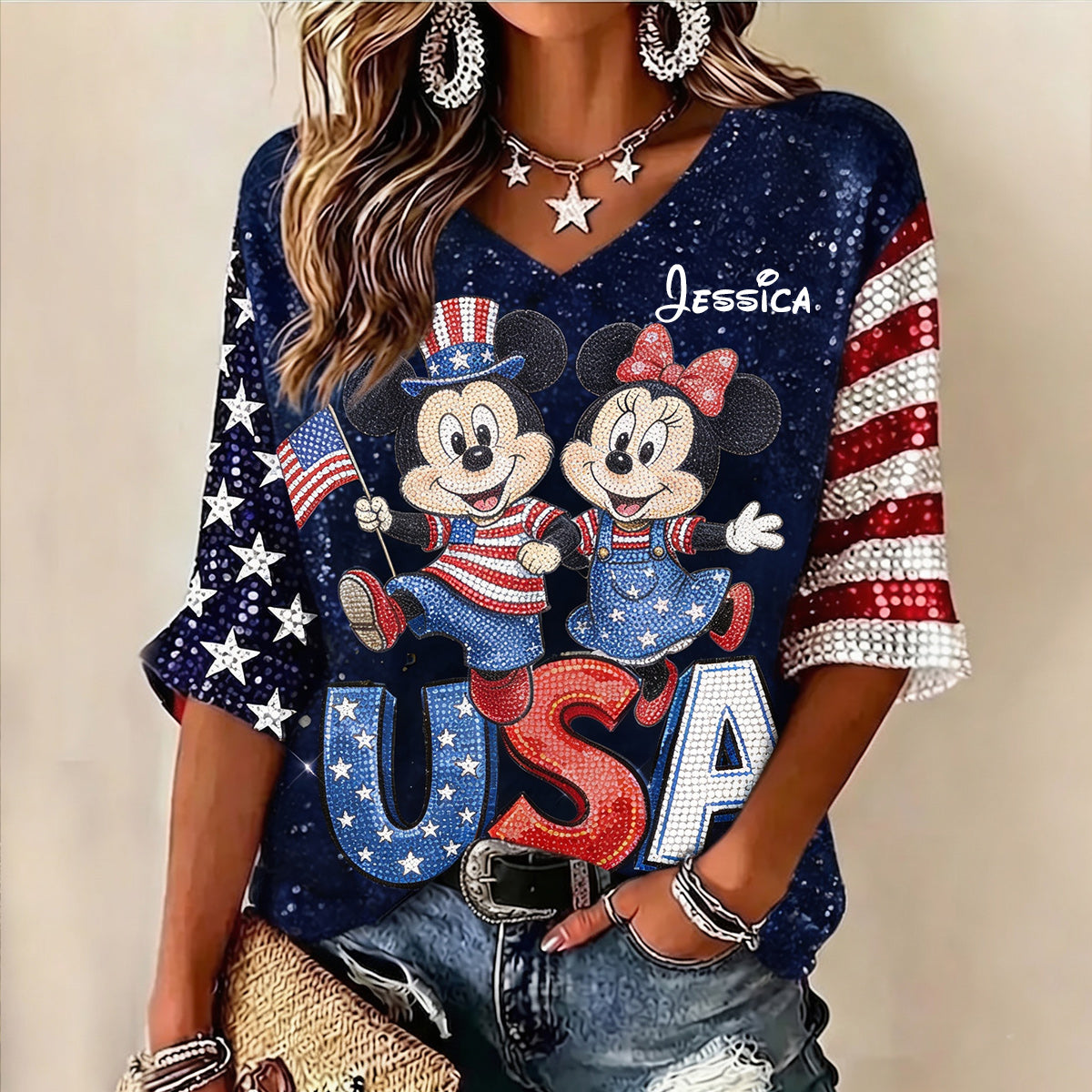Red, White & Magical - Personalized Mouse Fully Printed V-Neck T-Shirt