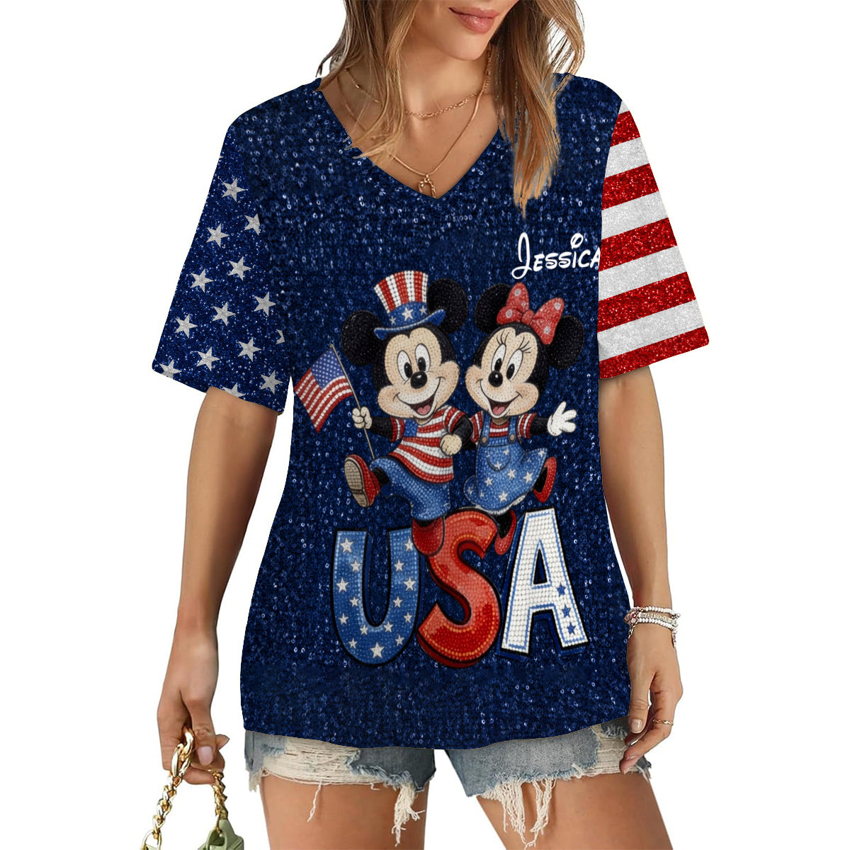 Red, White & Magical - Personalized Mouse Fully Printed V-Neck T-Shirt