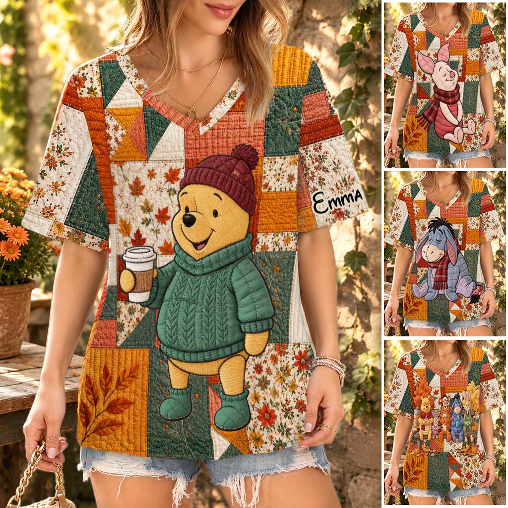Honey Bear, Autumn Vibes - Personalized Yellow Bear Fully Printed V-Neck T-Shirt