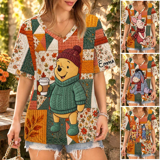 Honey Bear, Autumn Vibes - Personalized Yellow Bear Fully Printed V-Neck T-Shirt