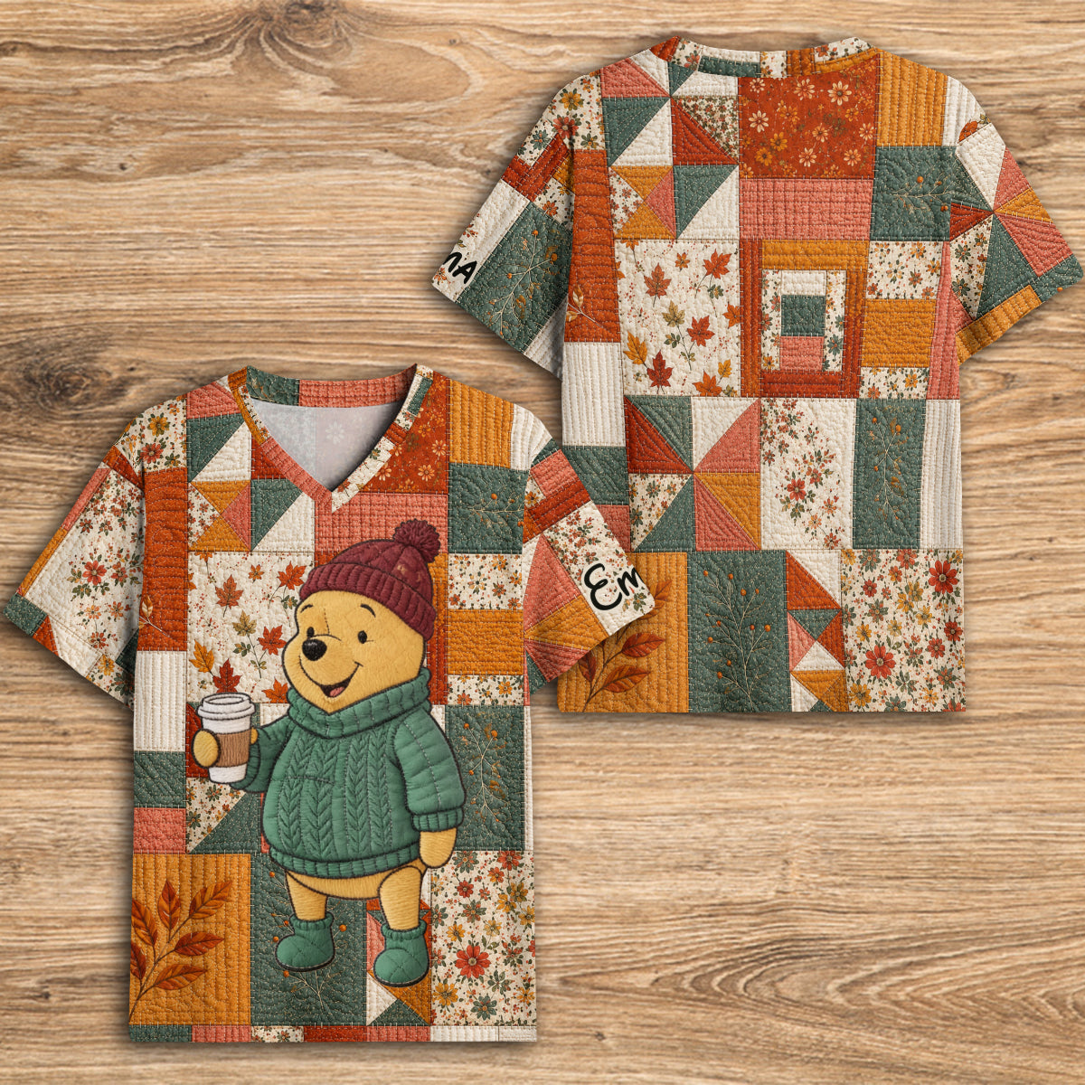 Honey Bear, Autumn Vibes - Personalized Yellow Bear Fully Printed V-Neck T-Shirt
