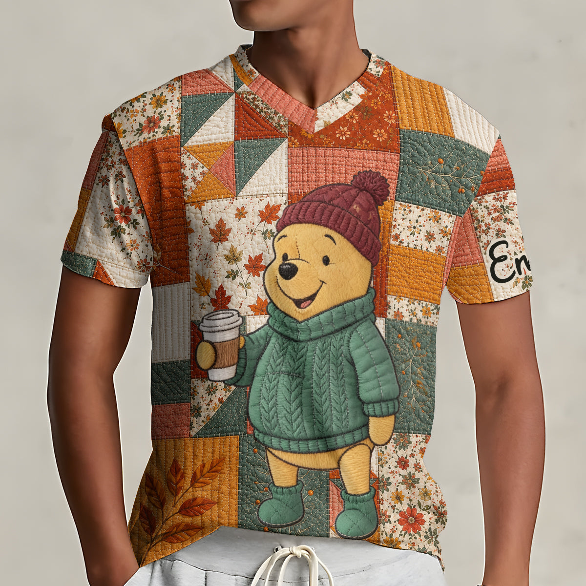 Honey Bear, Autumn Vibes - Personalized Yellow Bear Fully Printed V-Neck T-Shirt
