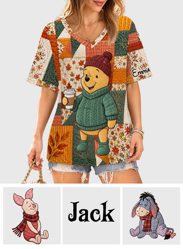 Honey Bear, Autumn Vibes - Personalized Yellow Bear Fully Printed V-Neck T-Shirt