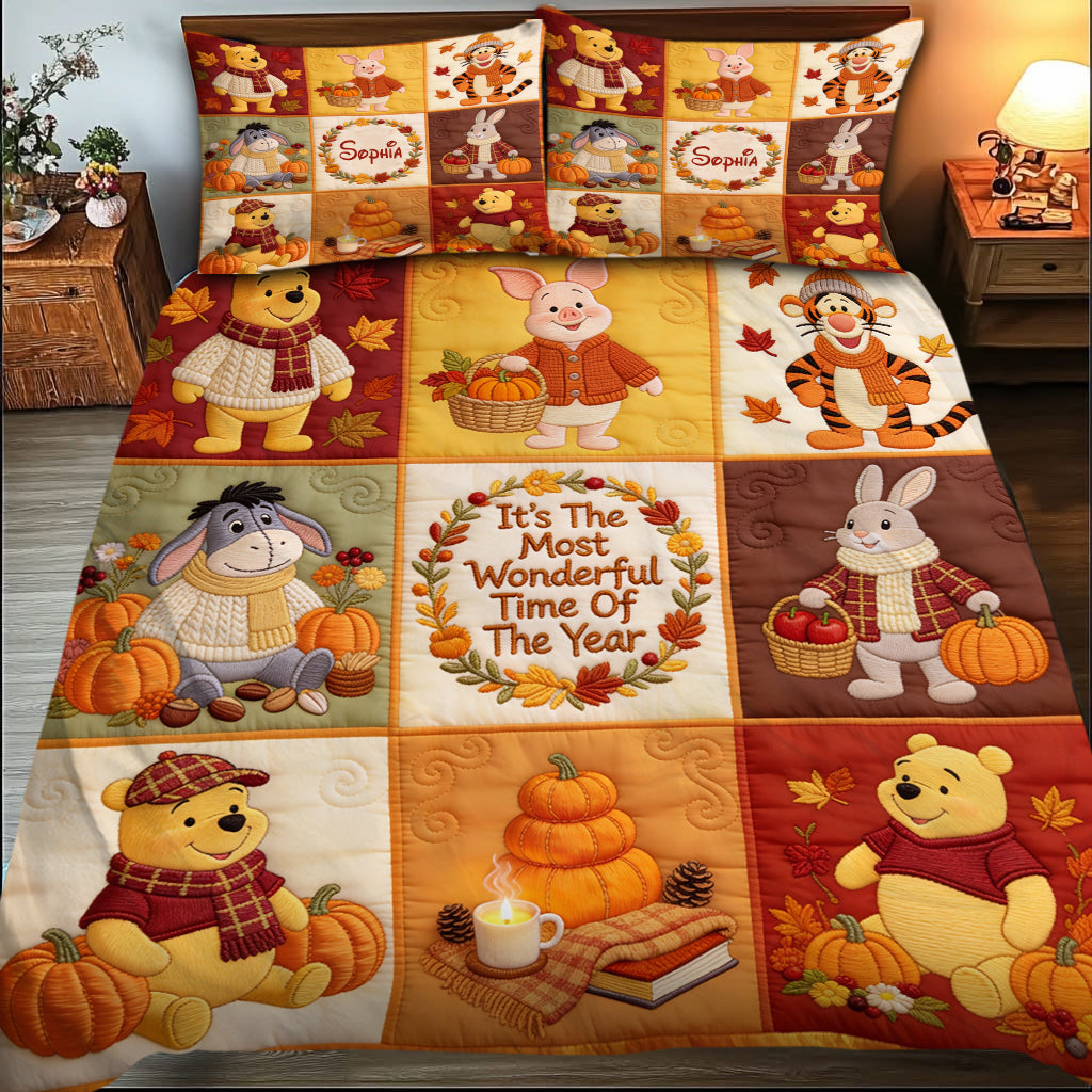 It's The Most Beautiful Time Of The Year - Personalized Yellow Bear Quilt Set