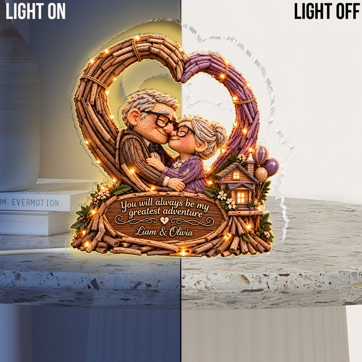 Old Couple Heart - Personalized Up Movie Couple Acrylic LED Night Light