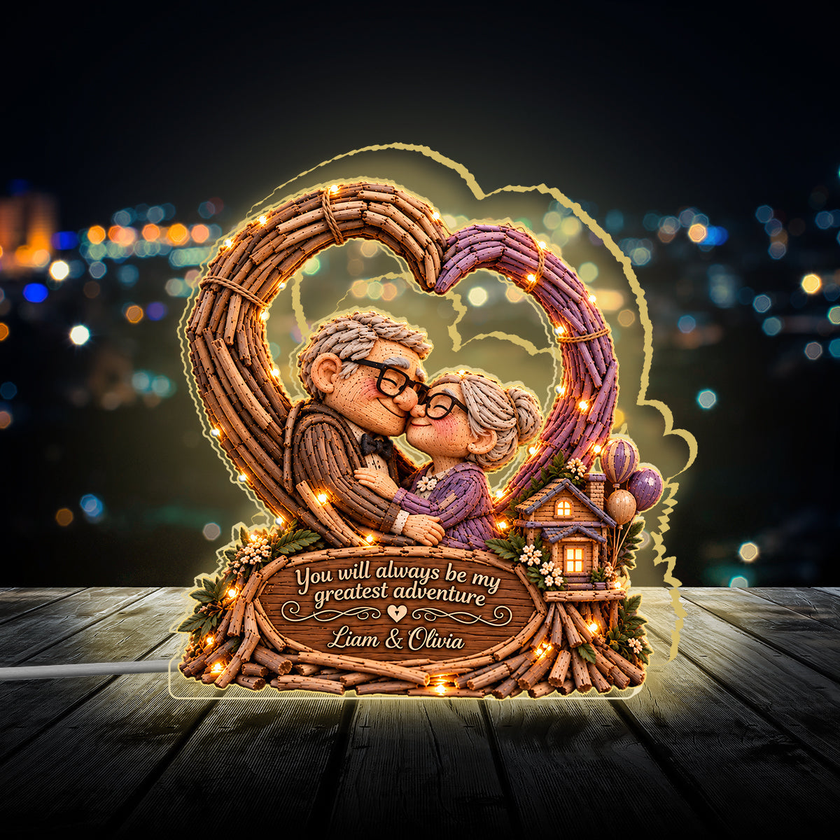 Old Couple Heart - Personalized Up Movie Couple Acrylic LED Night Light