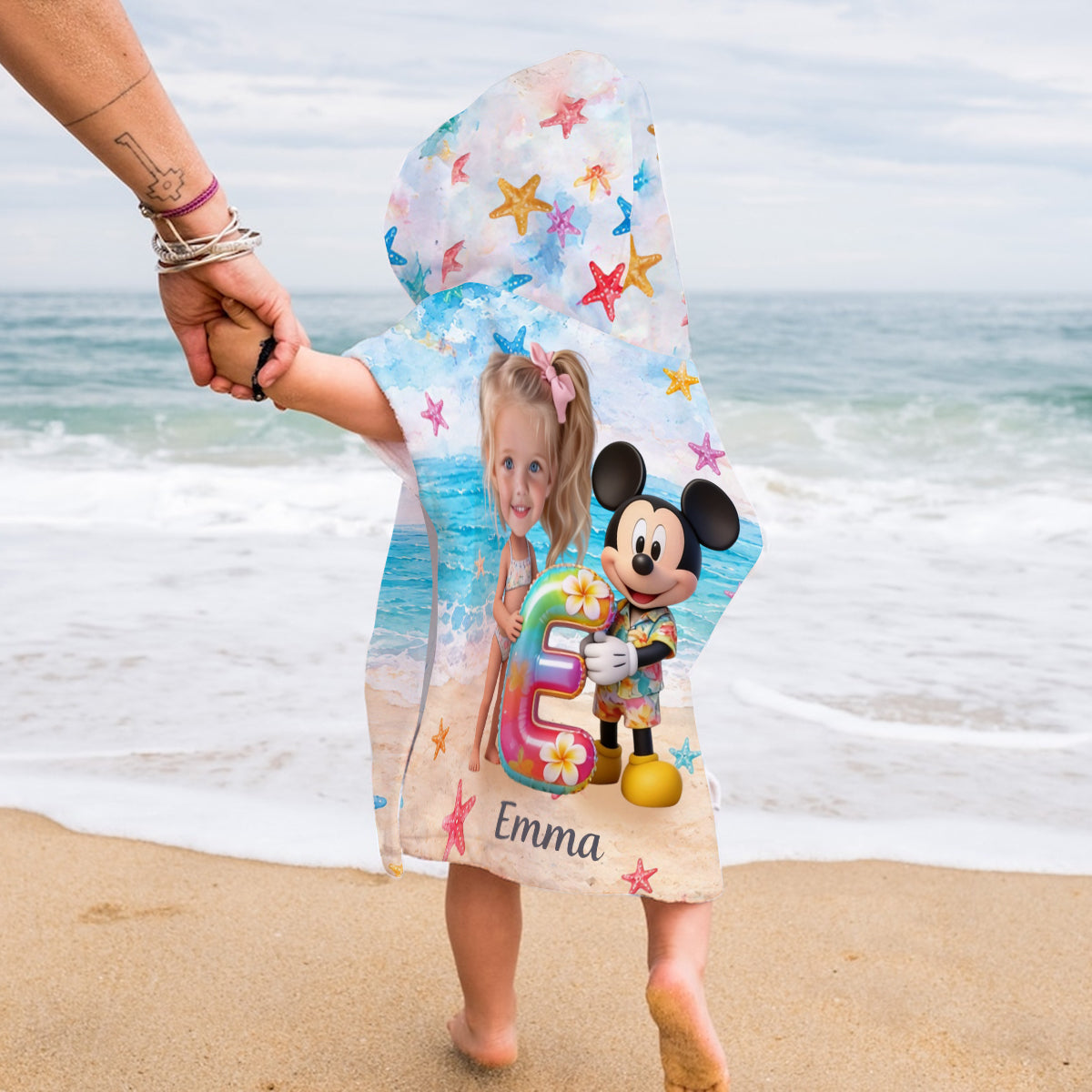 Custom Any Photo Holding Letter - Personalized Mouse Kid Hooded Towel Poncho