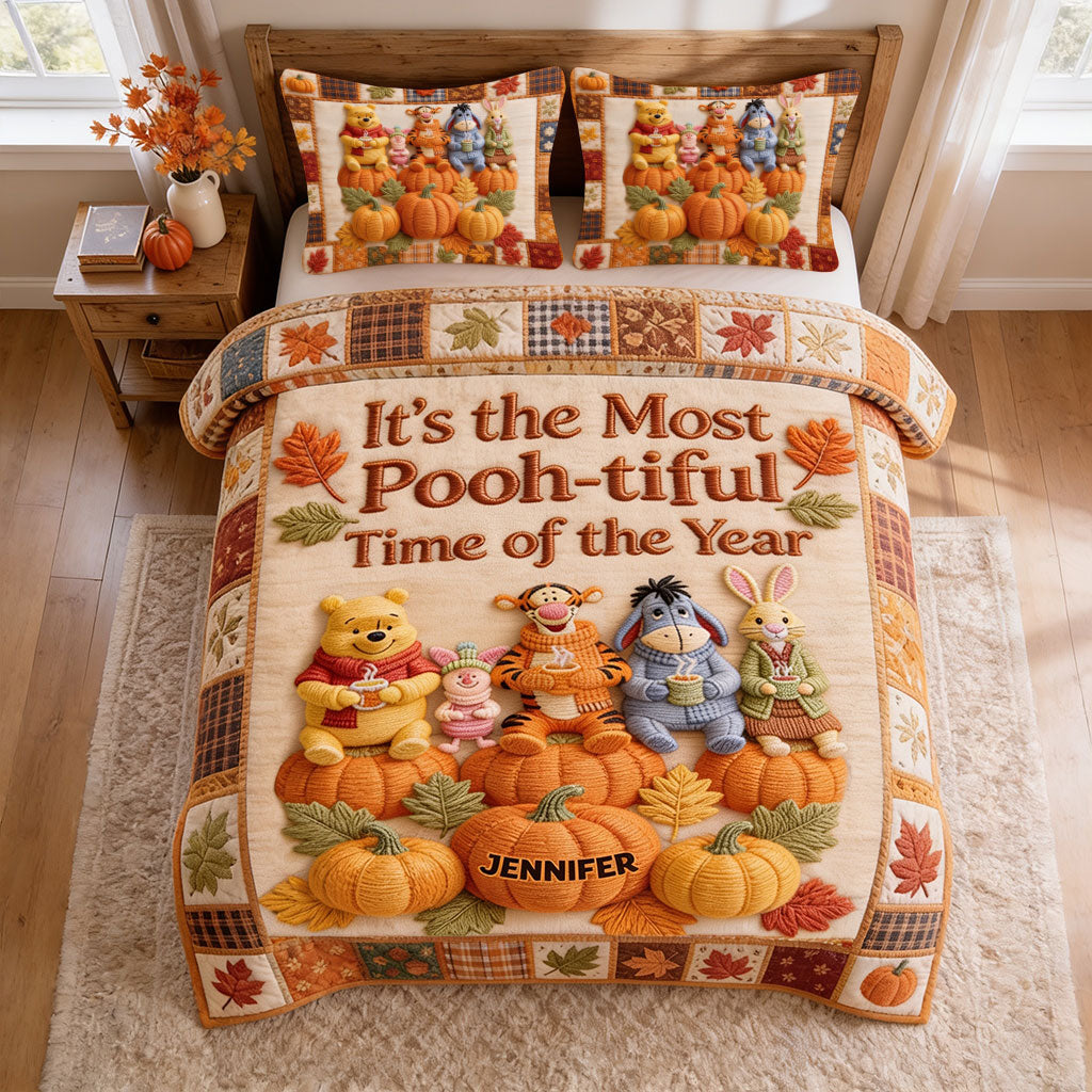 Honey Bear Autumn Vibes - Personalized Yellow Bear Quilt Set