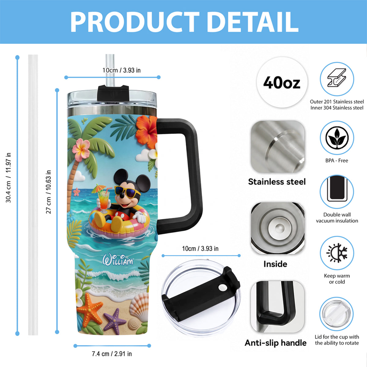 Summer Vibes Mouse Ears - Personalized Mouse Tumbler With Plush Charm