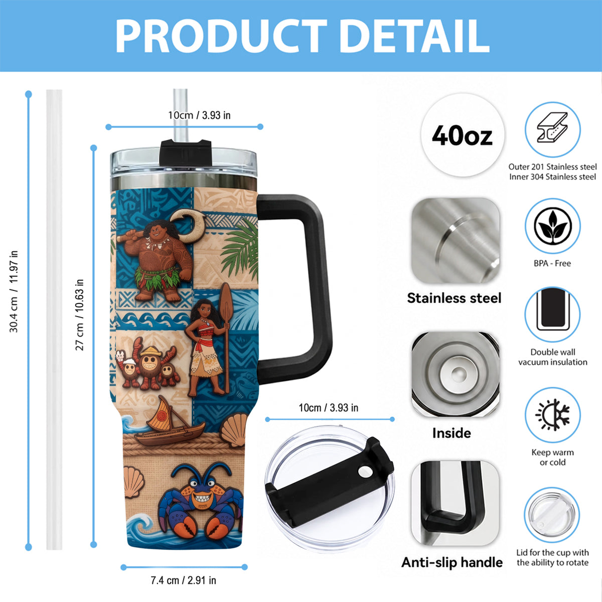 Ocean Adventure Cartoon Friends - Personalized Moana Tumbler With Plush Charm