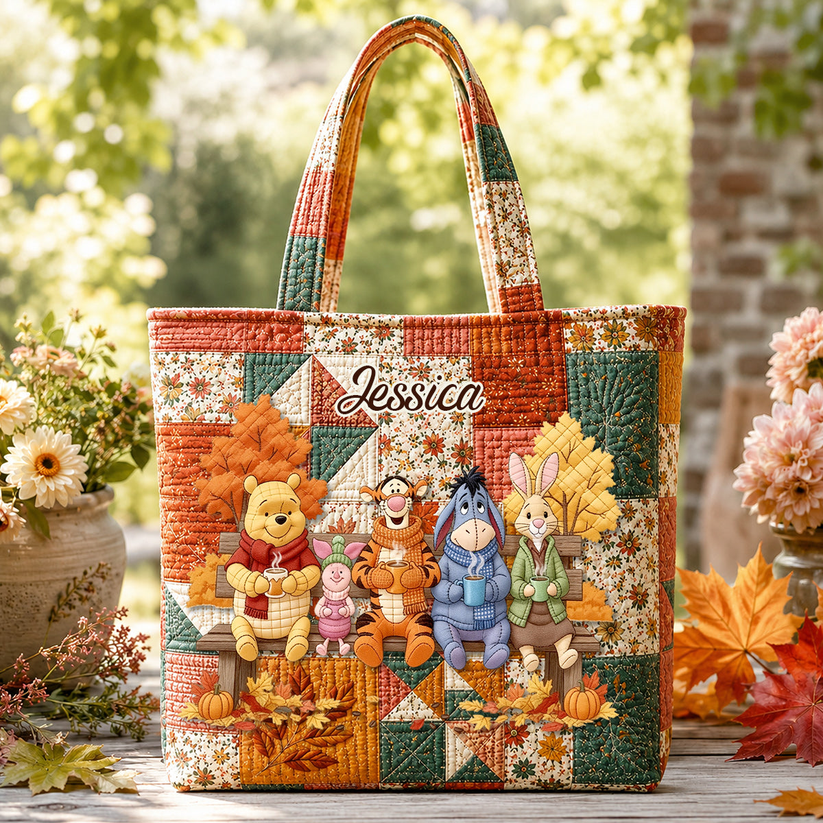 Honey Bear Autumn Vibes - Personalized Yellow Bear Quilted Tote Bag
