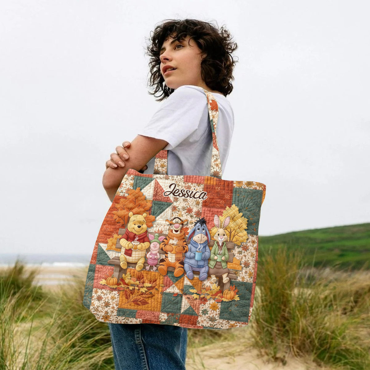 Honey Bear Autumn Vibes - Personalized Yellow Bear Quilted Tote Bag