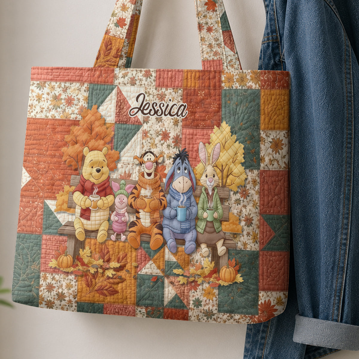 Honey Bear Autumn Vibes - Personalized Yellow Bear Quilted Tote Bag