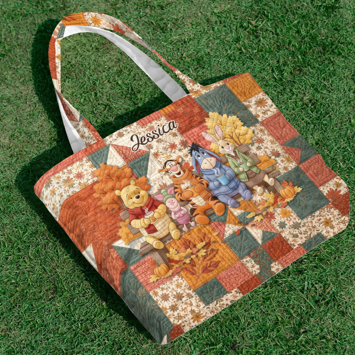 Honey Bear Autumn Vibes - Personalized Yellow Bear Quilted Tote Bag