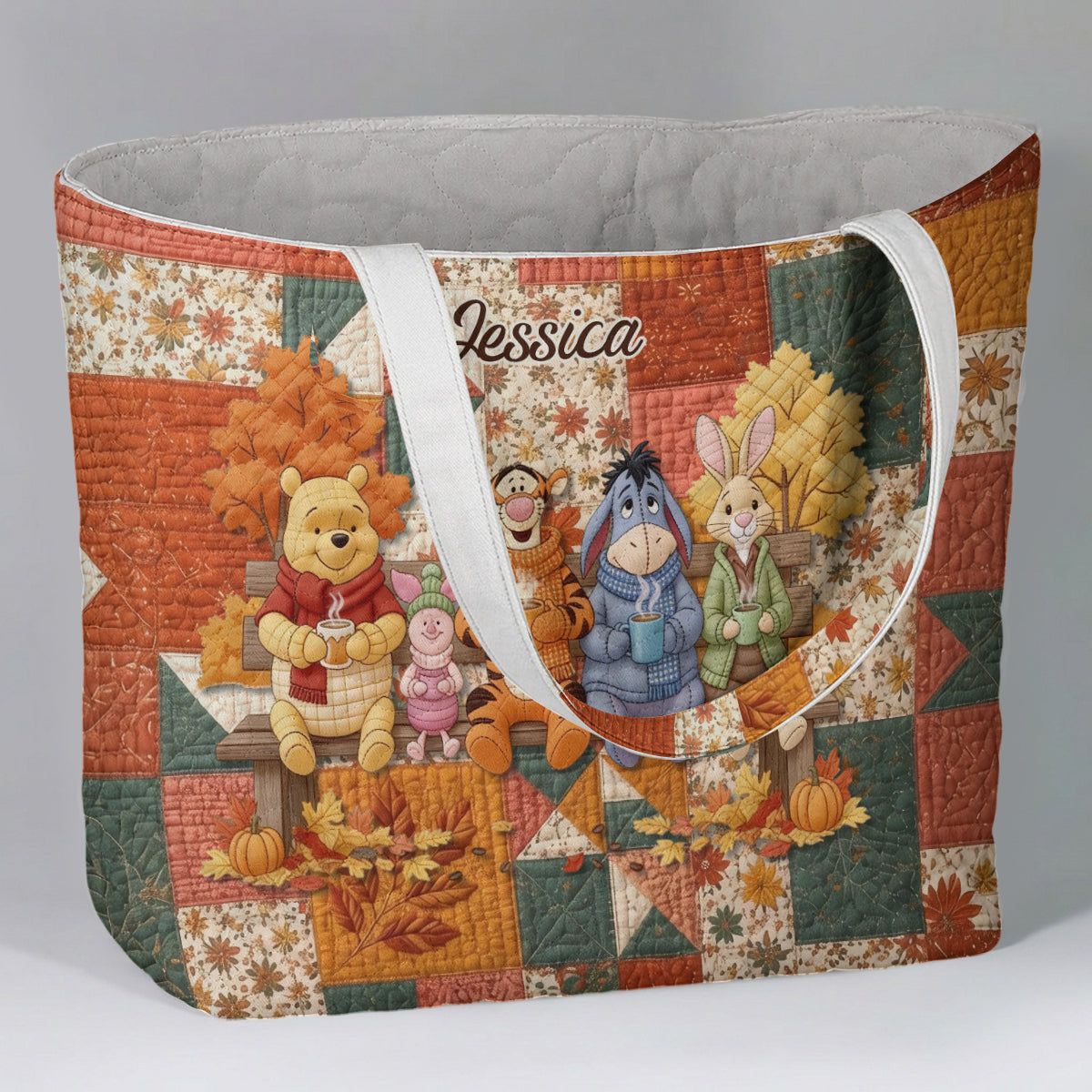 Honey Bear Autumn Vibes - Personalized Yellow Bear Quilted Tote Bag