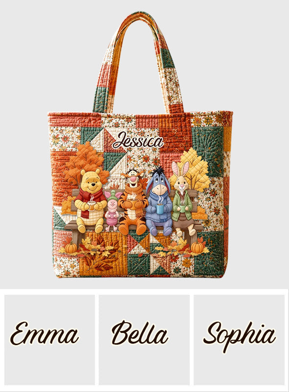 Honey Bear Autumn Vibes - Personalized Yellow Bear Quilted Tote Bag
