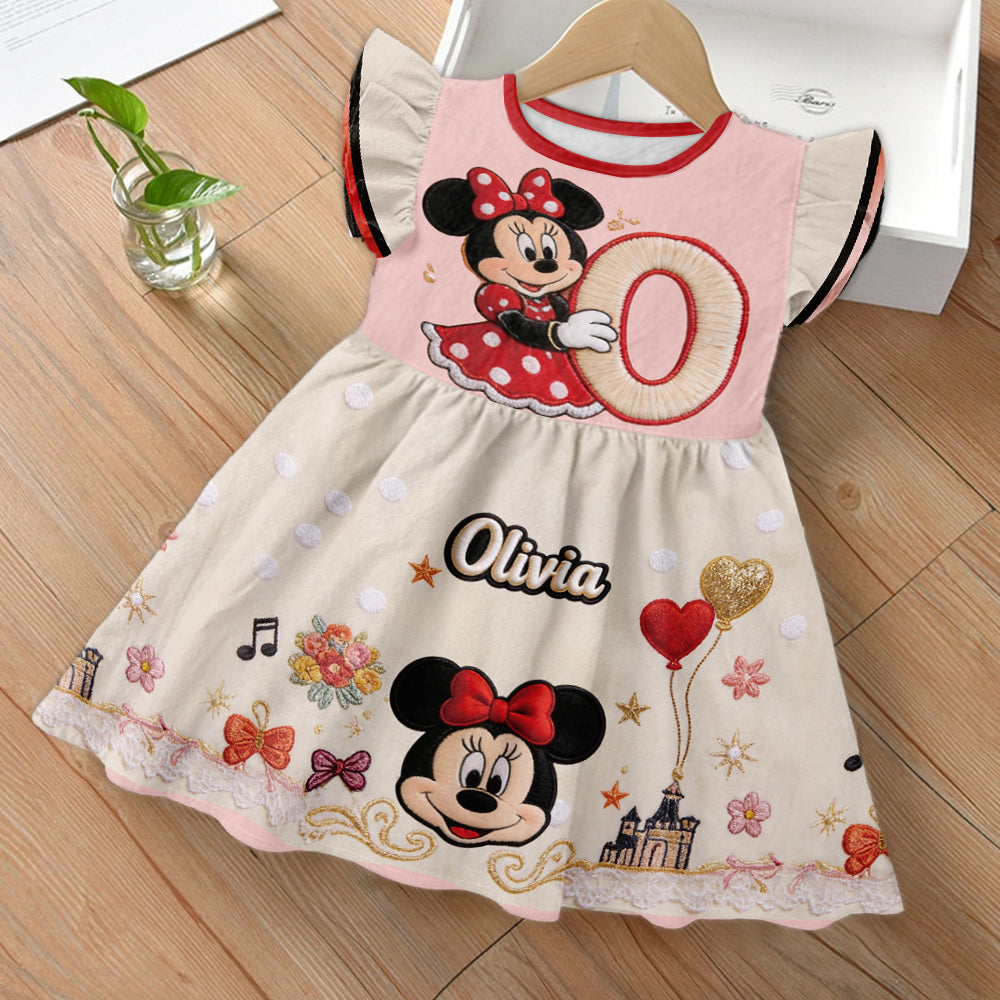 Magical Initial Gift For Kids - Personalized Mouse Kid Ruffle Sleeve Dress