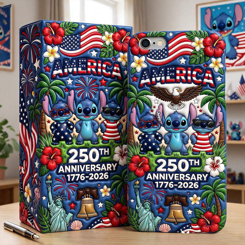 Cute Blue Alien USA 250th Anniversary - Personalized Ohana 3D Embossed Leather Phone Case