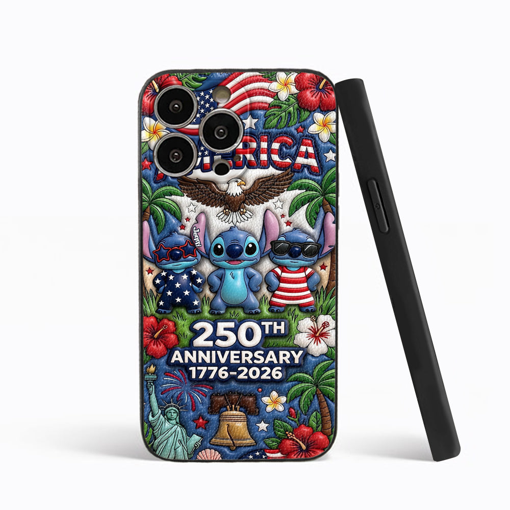 Cute Blue Alien USA 250th Anniversary - Personalized Ohana 3D Embossed Leather Phone Case