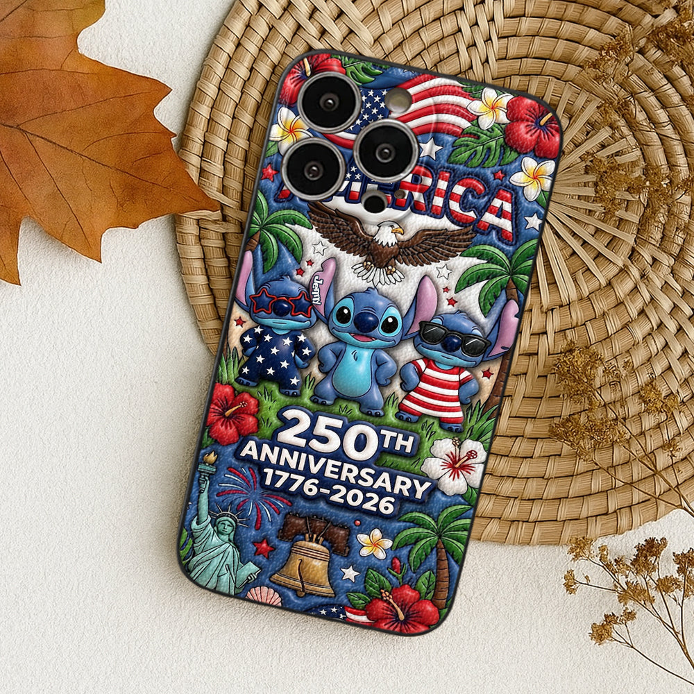 Cute Blue Alien USA 250th Anniversary - Personalized Ohana 3D Embossed Leather Phone Case