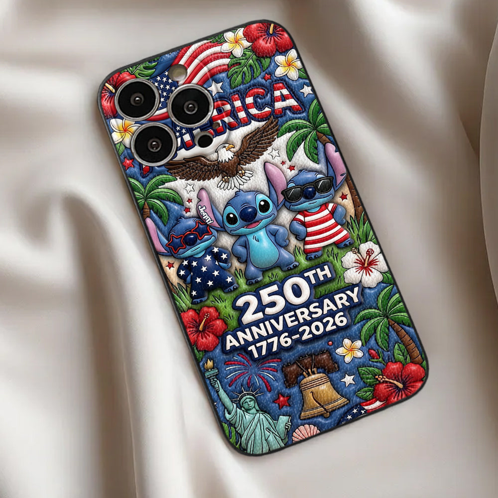 Cute Blue Alien USA 250th Anniversary - Personalized Ohana 3D Embossed Leather Phone Case