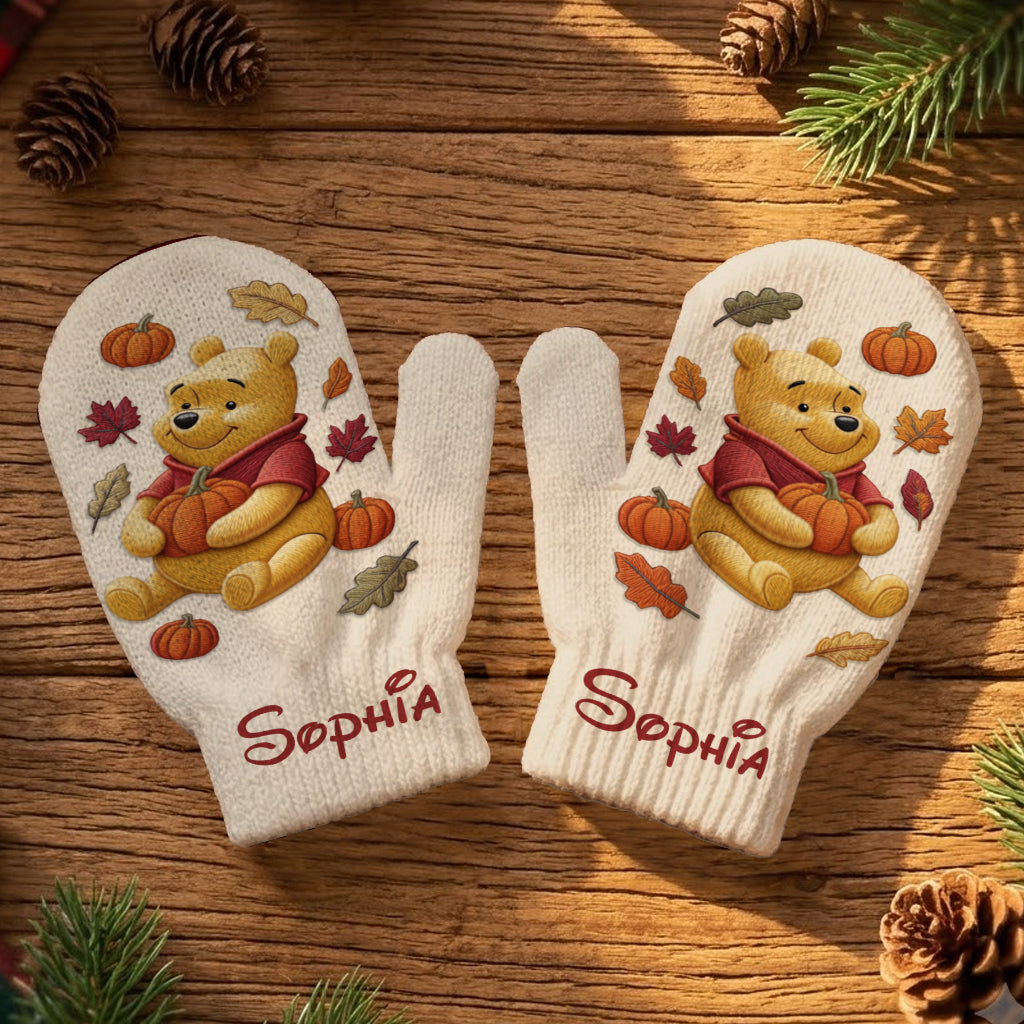 Happy Autumn - Personalized Yellow Bear Beanie Hat & Knitted Mittens